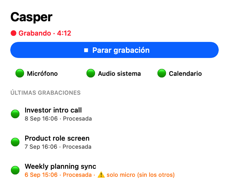 The recording window: timer, stop button, permission health strip, recent recordings