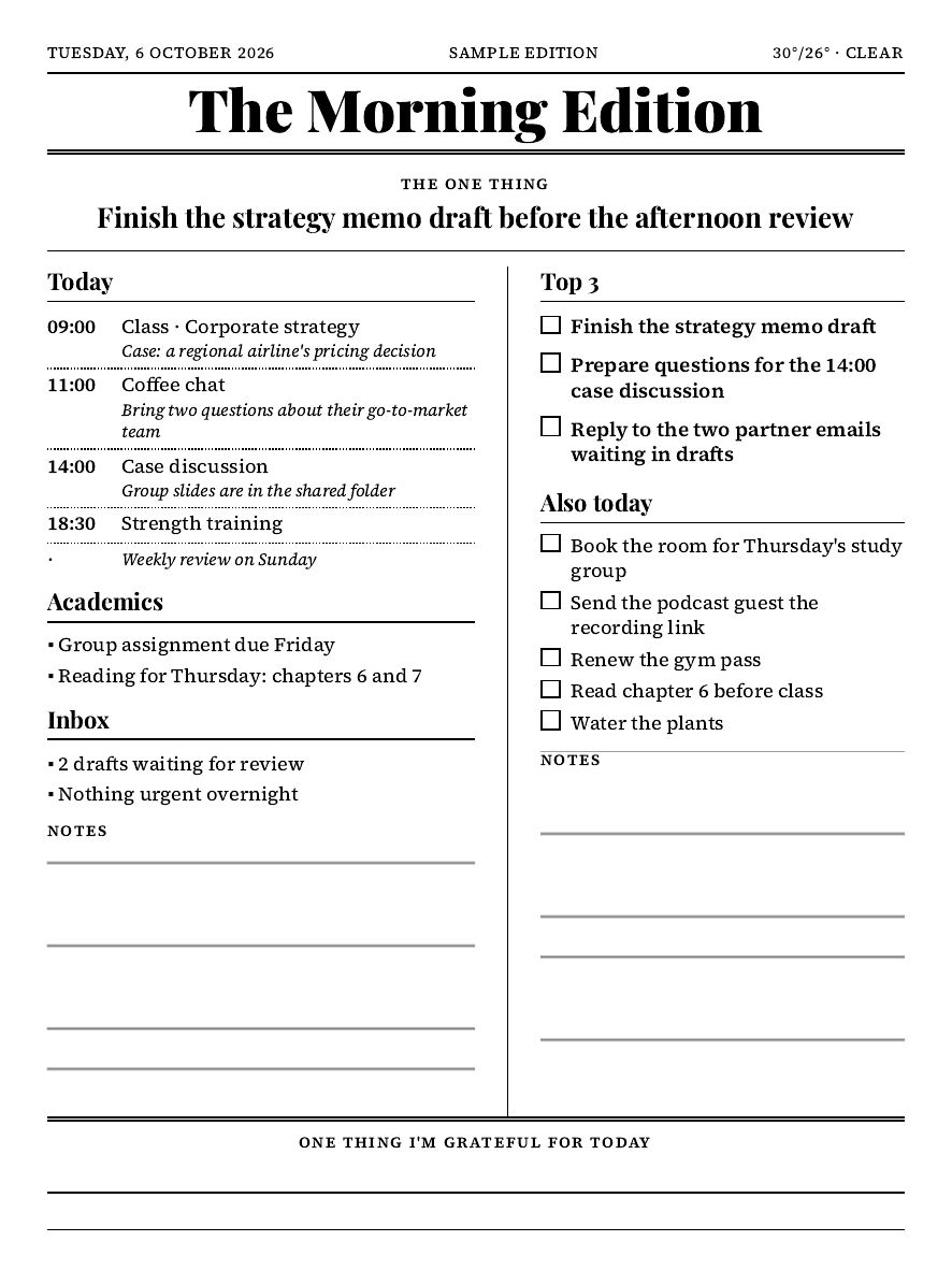 Sample edition, page 1: the day, with the one priority, the top three, the calendar and a checklist